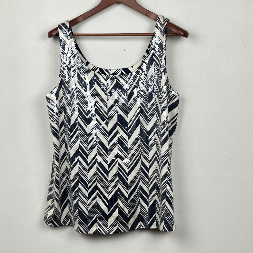 Dana Buchman Sequin Silk Tank Top 14 Navy White Chevron Maximalist Par Evening